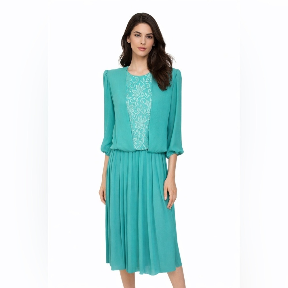 La Jones Of America Dress Size Missing See Descrip Turquoise 1/2 Sleeve Pleated
